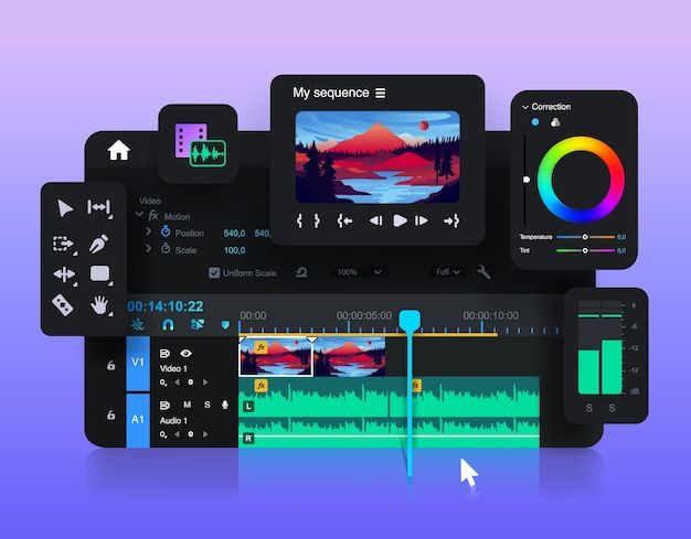 popular video editor editing a video project. sound and color adjustment. video clip premium vector. video clip premium vector